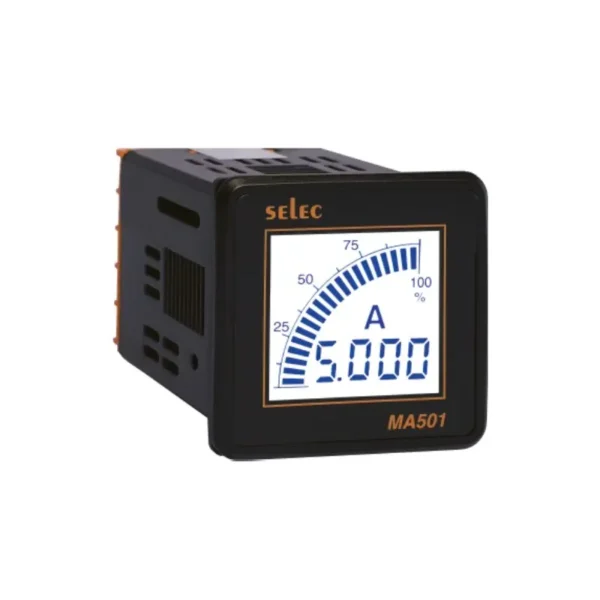 Selec MA501-230V-CE 1Ø Digital ammeter with LCD display, Bar graph representation for current, 230V AC, 48 x 48 mm size
