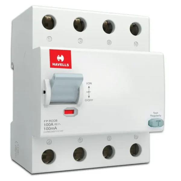 Havells Four Pole RCCB, 100A AC Type, 100mA Sensitivity – DHRMCMFF100100