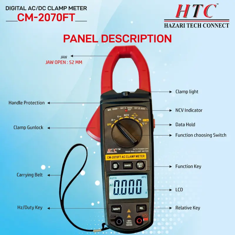 HTC CM-2070FT Digital Clamp Meter – 1000A AC/DC Current, True RMS, Auto ...