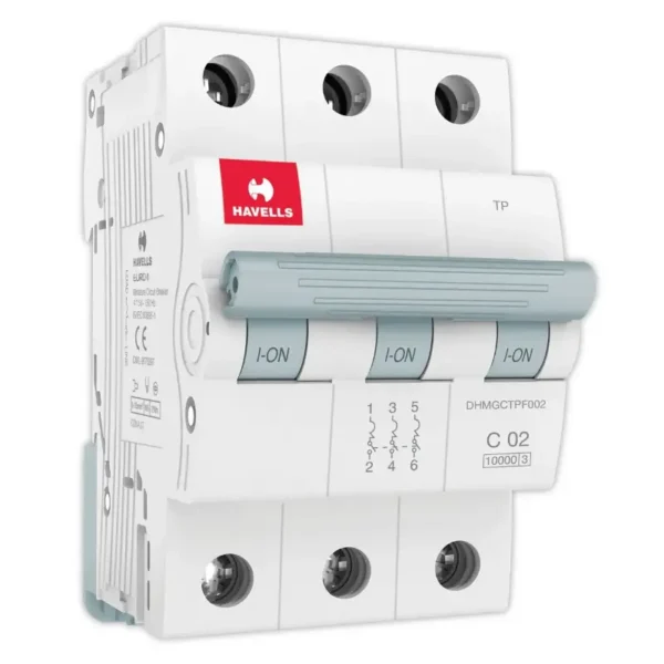 Havells Euro II 2A MCB, 3 Pole, C-Curve, 10kA - DHMGCTPF002