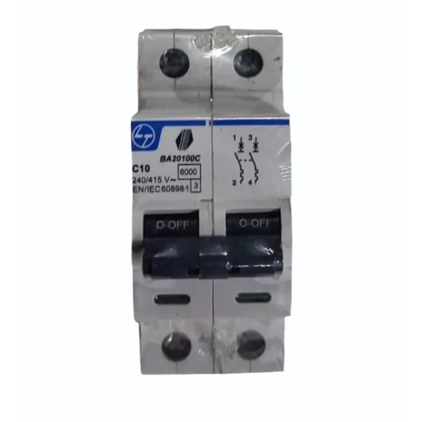 L&T/LK Exora 10A Double Pole MCB, C-Curve, 10kA (BA20100C)