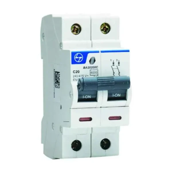 L&T/LK Exora 20A Double Pole MCB, C-Curve, 10kA (BA20200C)