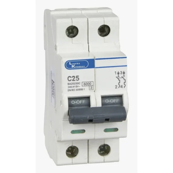 L&T/LK Exora 25A Double Pole MCB, C-Curve, 10kA (BA20250C)
