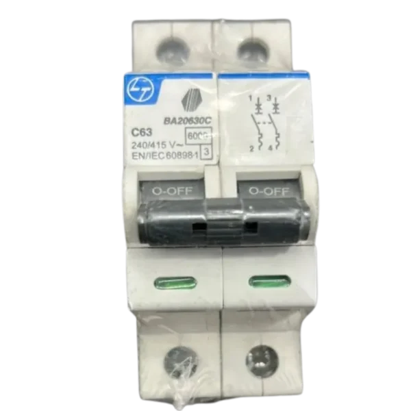 L&T/LK Exora 63A Double Pole MCB, C-Curve, 10kA (BA20630C)