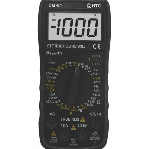 HTC DM-81 True RMS Multimeter, 1000V DC / 750V AC, 1999 Count with Overload Protection