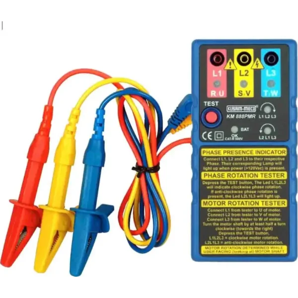 Kusam Meco 3 Phase Presence & Rotation Indicator KM 888 PMR, Combined Motor Rotation Tester with 100V~600V AC Voltage