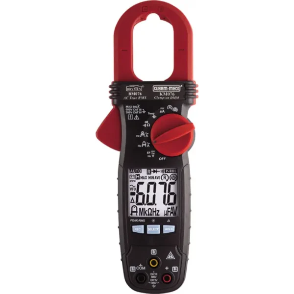 Kusam Meco Digital Clampmeter KM 076, 600A AC 6000 Counts TRMS with VFD, EF-Detection, AMP Tip & 3 Phase Sequence Indication