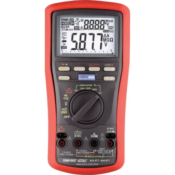 Kusam Meco Digital Insulation Multimeter KM 877, 50V to 1000V Test Voltage 6000 Counts TRMS with VFD, PI, DAR & PASS/FAIL Feature