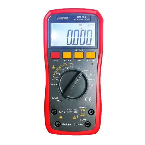 Kusam Meco Digital Insulation Resistance Tester KM 375, 100V to 2500V up to 50GΩ TRMS with Multimeter Functions, PI, DAR & Rechargeable Battery
