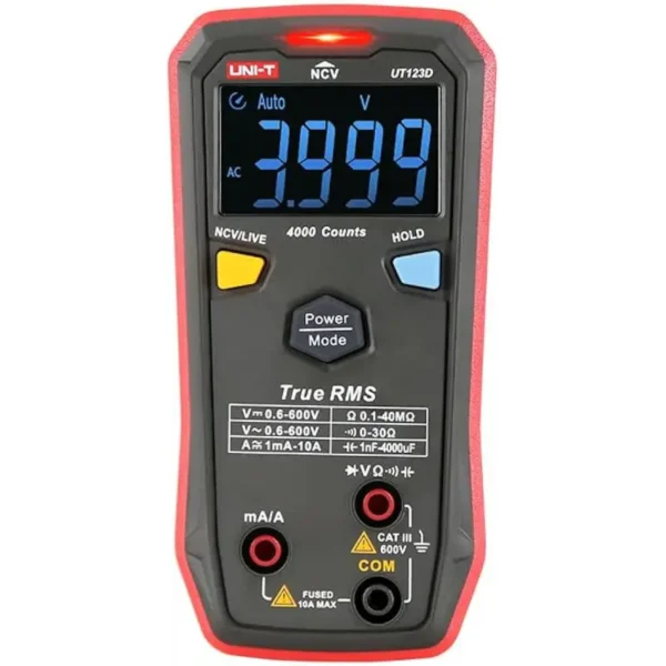 UNI-T UT123D Compact True RMS Digital Multimeter, 600V DC/AC, 10A, Capacitance 4000μF, NCV
