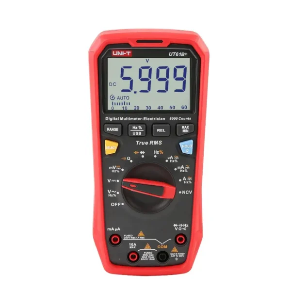 UNI-T UT61B+ Auto-Range Digital Multimeter, 1000V DC/AC, 10A, 6000-Count, CAT IV 600V