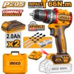 INGCO 20V Cordless Impact Drill 66NM, Brushless Motor, 22+1+1, 30000 bpm, Electric Drill With 2Pcs Battery And Charger, 47 Pcs Drill Bits, Packed by Carrying Case