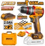 INGCO 20V Cordless Impact Drill 66NM, Brushless Motor, 22+1+1, 30000 bpm, Electric Drill With 2Pcs Battery And Charger, 47 Pcs Drill Bits, Packed by Carrying Case