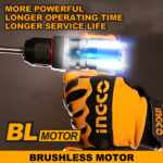 INGCO 20V Cordless Impact Drill 66NM, Brushless Motor, 22+1+1, 30000 bpm, Electric Drill With 2Pcs Battery And Charger, 47 Pcs Drill Bits, Packed by Carrying Case - Image 3