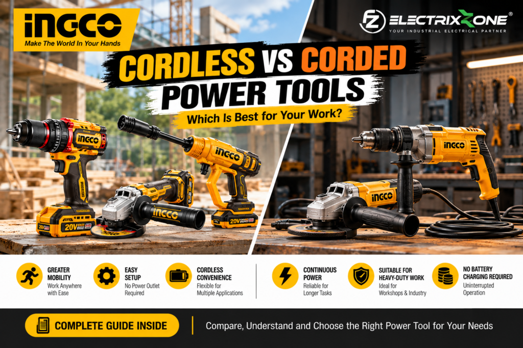 Cordless vs corded power tools comparison for workshop and industrial applications.