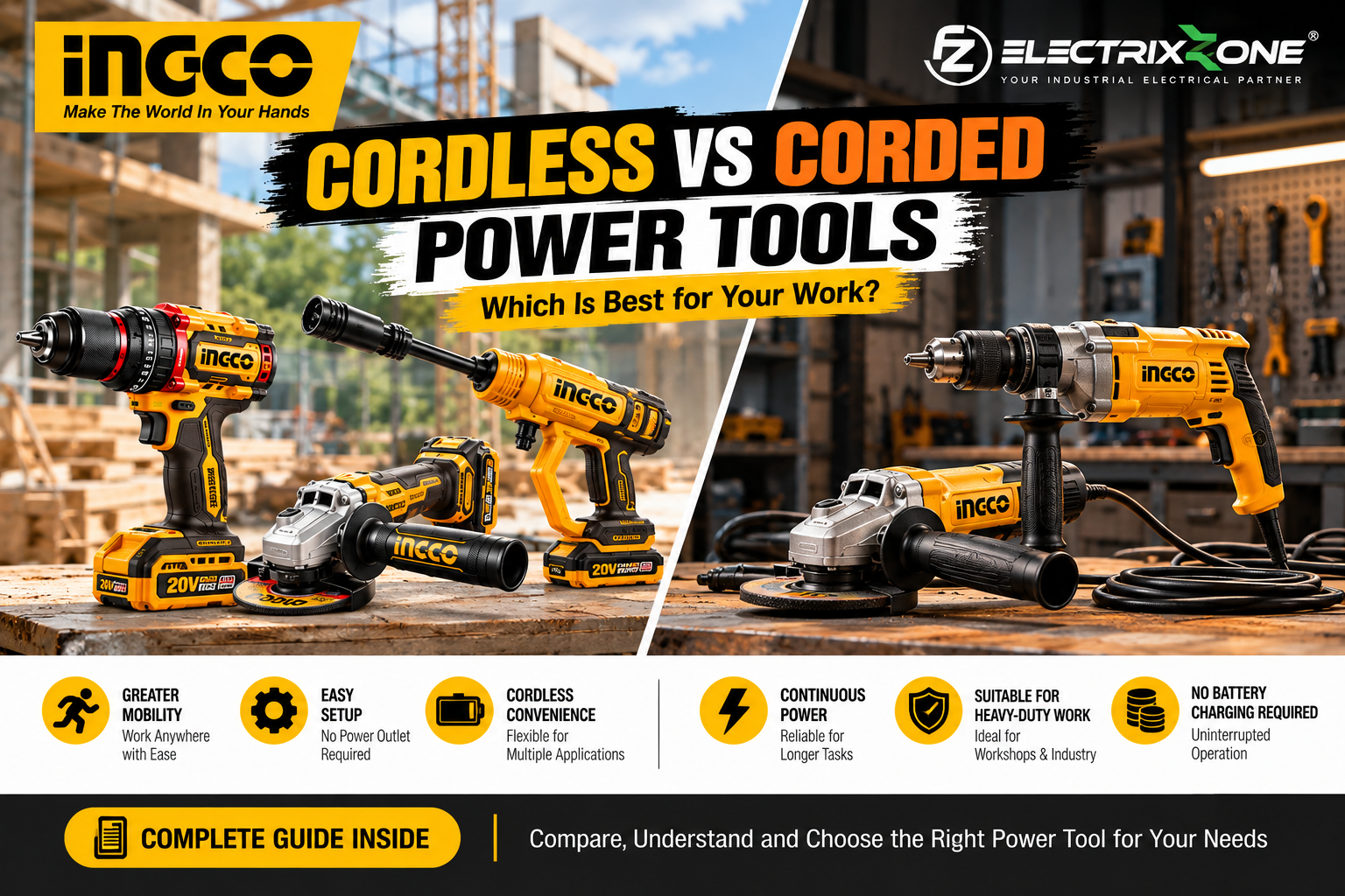 Cordless vs corded power tools comparison for workshop and industrial applications.